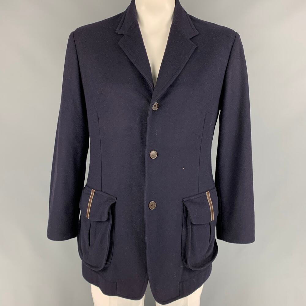 RYAN ROBERTS Size XL Navy & Brown Wool Blend Single Breasted Coat